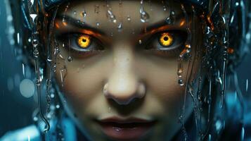 Futuristic shot, human merging with digital code. Generative AI photo