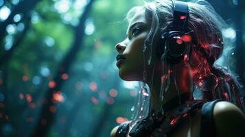 Futuristic shot, robot woman walking in a digital forest. Generative AI photo