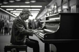 At a bustling train station, a man plays an old piano. Generative AI photo