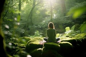 A young woman meditates in a lush forest, the sunlight filtering through the canopy. Generative AI photo