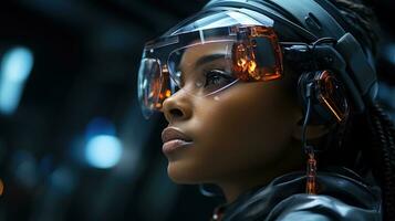 futurista disparo, androide mujer observando el universo desde un astronave. generativo ai foto