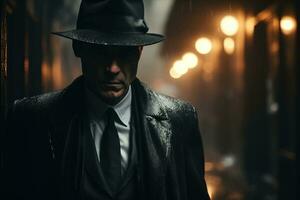 un detective soportes debajo un oscuro calle lámpara en empapado de lluvia calles generativo ai foto