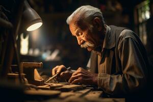 en un bullicioso taller, un artesano meticulosamente formas un pedazo de madera. generativo ai foto