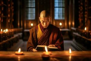en un tranquilo, aislado monasterio, un monje absorto en antiguo textos debajo el suave resplandor de el velas generativo ai foto