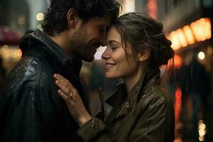 un Pareja bailes en el lluvia en el ciudad cuadrado. generativo ai foto