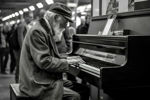 a un bullicioso tren estación, un hombre obras de teatro un antiguo piano. generativo ai foto