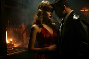 A woman in red converses urgently with a man in a trench coat. Generative AI photo