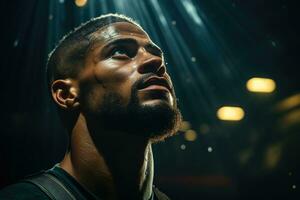 un Boxer trenes intensamente en un tenuemente iluminado gimnasia. generativo ai foto