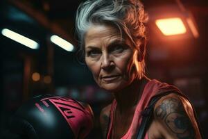 An elderly woman trains in an urban boxing gym. Generative AI photo