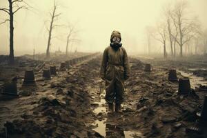 un soldado miradas a un devastado por una bomba campo de batalla. nuclear guerra. generativo ai foto