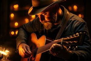 A musician tuning his vintage acoustic guitar in warm light. Generative AI photo