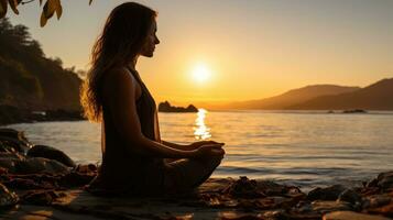 yogui meditando en el playa a puesta de sol. generativo ai foto