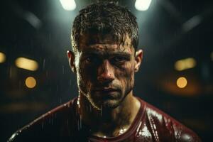 A boxer trains intensely in a dimly lit gym. Generative AI photo