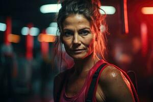 un mayor mujer trenes en un urbano boxeo gimnasia. generativo ai foto