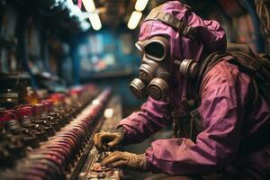 People in gas masks affected by the nuclear attack are sitting in an abandoned subway station. Generative AI photo