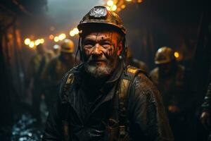 Miner exiting a coal mine covered in dirt and soot. Generative AI photo