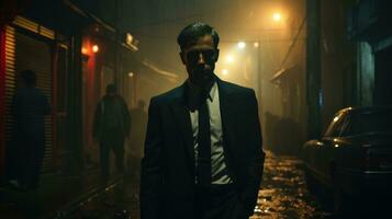 An Italian undercover agent wearing a black tuxedo and trench coat enters a dark and dangerous-looking alley. photo