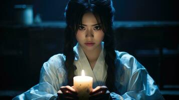 Young asian beautiful woman in traditional dress holding candle. photo