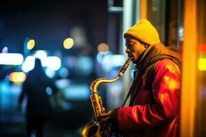 A street musician plays a soulful melody on a saxophone. Generative AI photo