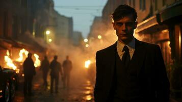 An Italian undercover agent wearing a black tuxedo and trench coat enters a dark and dangerous-looking alley. photo