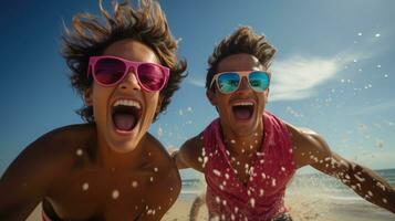 Laughing gay couple having fun at the beach photo