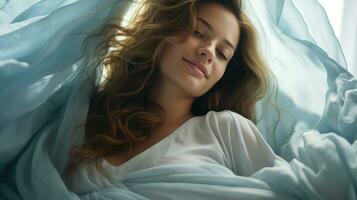 Beautiful woman waking up in the morning lying in bed between white sheets. photo