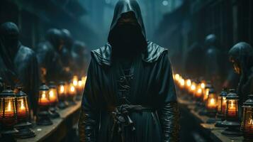 A masked man in a black cloak standing in a dark alleyway. photo