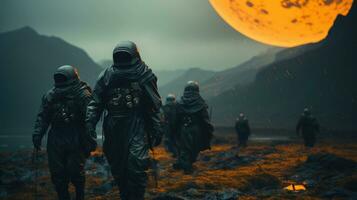 A group of astronauts walking on Mars to explore. photo