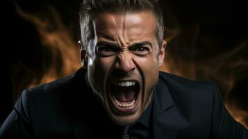 Businessman in a suit shouts angrily. His face is contorted with anger. photo