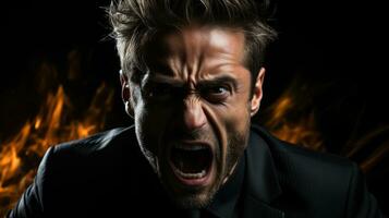 Businessman in a suit shouts angrily. His face is contorted with anger. photo