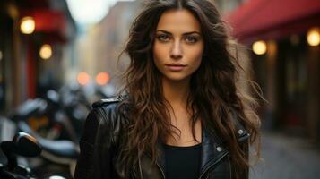 Female fashion blogger with long hair and blue eyes posing on the street. photo