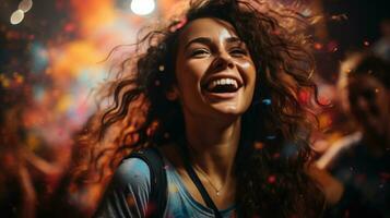 Close-up shot of a happy woman among confetti at a New Year's Eve celebration. photo