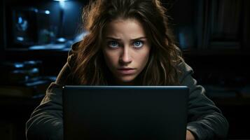 un hacker mujer en un negro capucha hackear a un computadora. foto