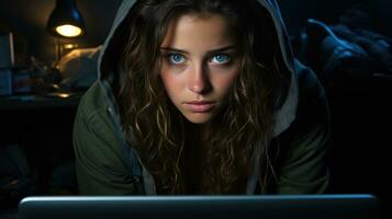 A hacker woman in a black hoodie hacking at a computer. photo