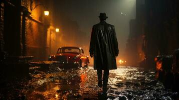 An Italian undercover agent wearing a black tuxedo and trench coat enters a dark and dangerous-looking alley. photo