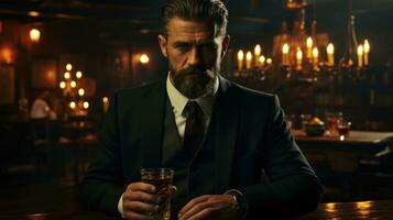 A man in a black suit poses in a dimly lit bar with a drinking glass. photo