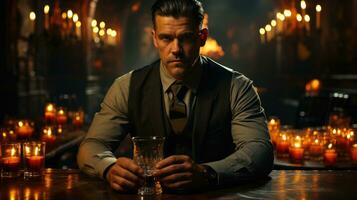 A man in a black suit poses in a dimly lit bar with a drinking glass. photo