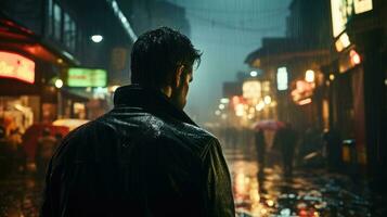 An Italian undercover agent wearing a black tuxedo and trench coat enters a dark and dangerous-looking alley. photo