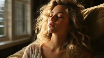 Close-up shot of young beautiful attractive woman lying down sleeping. photo