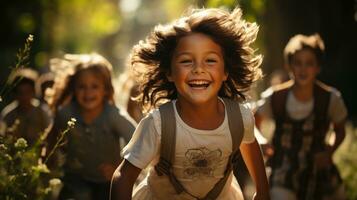 con el llegada de primavera, contento niños son corriendo alrededor riendo y teniendo divertido entre el flores foto