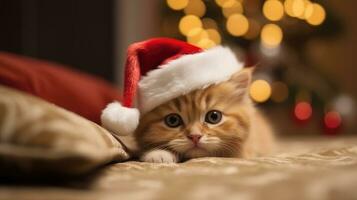 Cute kitten wearing a santa hat. photo