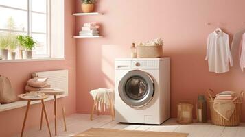 Photo of washing machine standing in a laundry room in a modern minimalist home