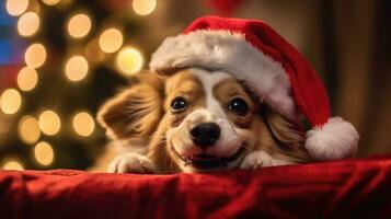 Cute dog wearing a santa hat. photo