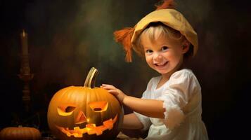 Little boy holding a carved pumpkin with his hand. Halloween concept. photo