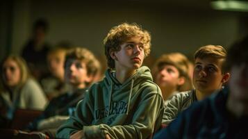 de cerca Disparo de un masculino estudiante escuchando a un conferencia a el Universidad foto