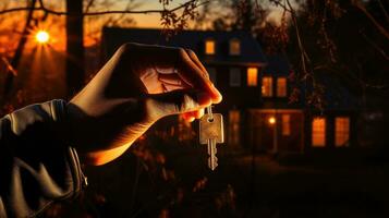 A hand holding a key, poised in front of a beautiful house nestled in a desirable neighborhood. photo