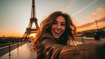 joven hermosa mujer tomando selfie en frente de el eiffel torre foto