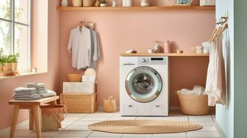 Photo of washing machine standing in a laundry room in a modern minimalist home