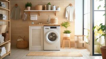 Photo of washing machine standing in a laundry room in a modern minimalist home