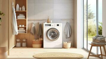 foto de Lavado máquina en pie en un lavandería habitación en un moderno minimalista hogar